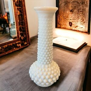 Vintage E O Brody White Milk Glass Hobnail Floral Flower Vase